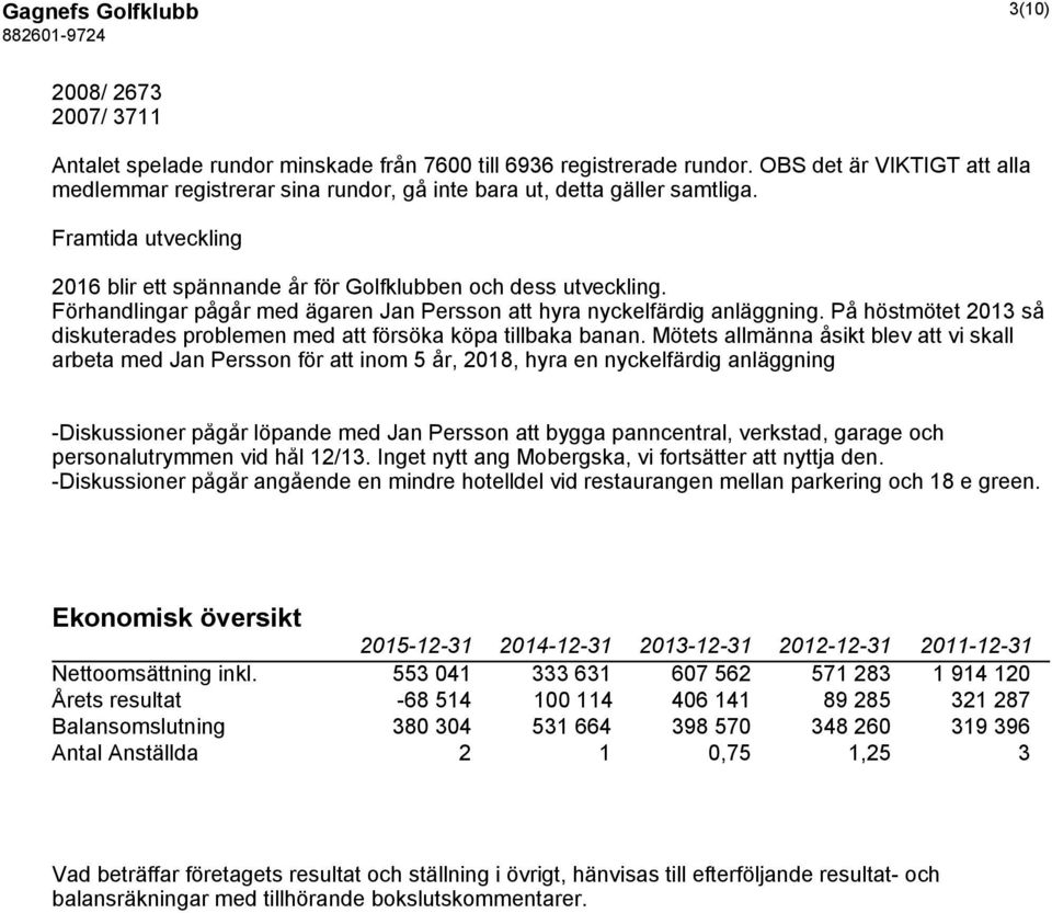 Förhandlingar pågår med ägaren Jan Persson att hyra nyckelfärdig anläggning. På höstmötet 2013 så diskuterades problemen med att försöka köpa tillbaka banan.