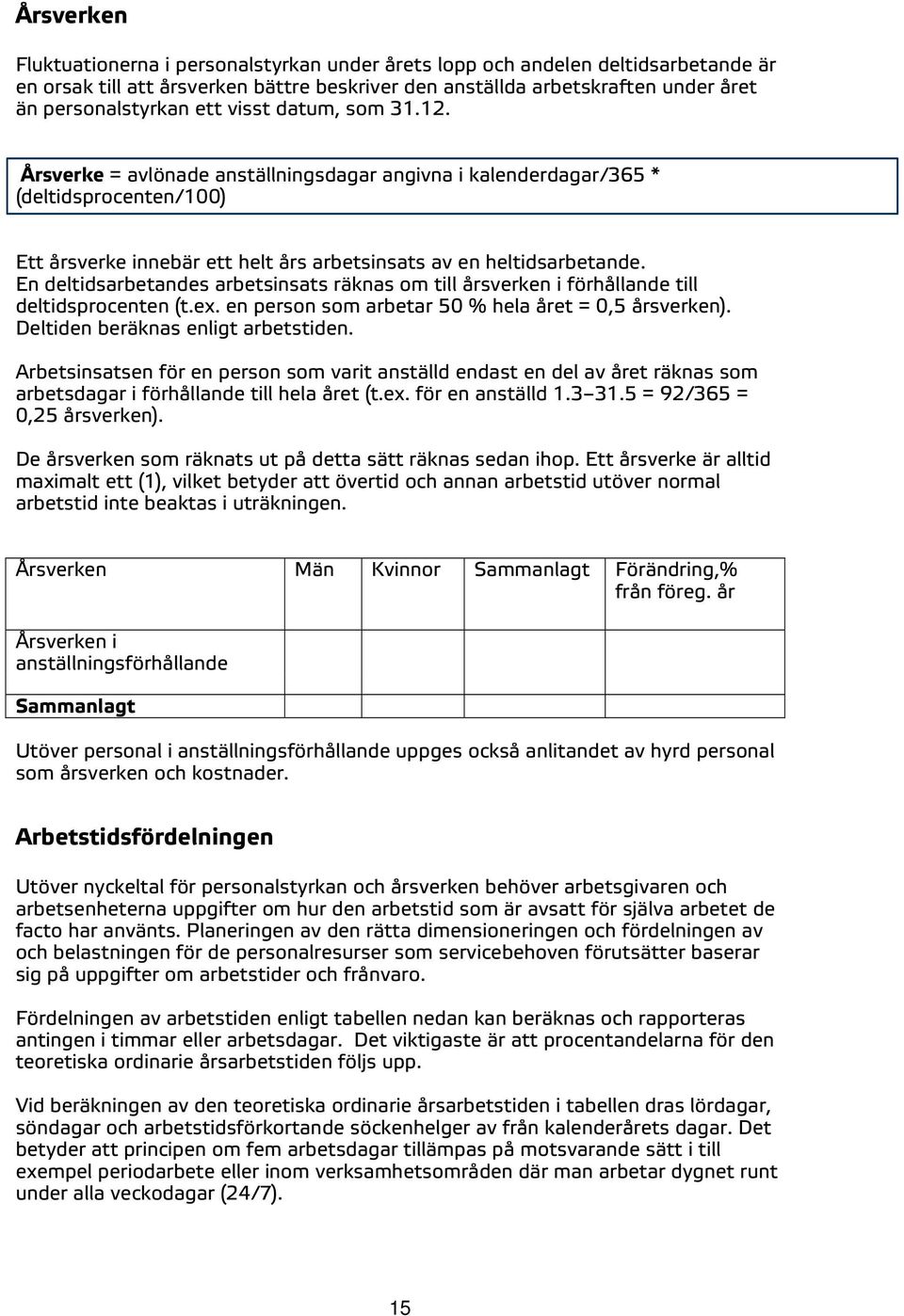 En deltidsarbetandes arbetsinsats räknas om till årsverken i förhållande till deltidsprocenten (t.ex. en person som arbetar 50 % hela året = 0,5 årsverken). Deltiden beräknas enligt arbetstiden.
