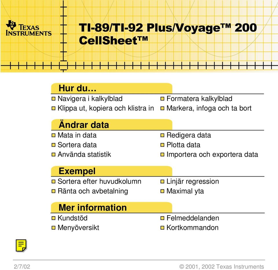 information Kundstöd Menyöversikt Formatera kalkylblad Markera, infoga och ta bort Redigera data Plotta data