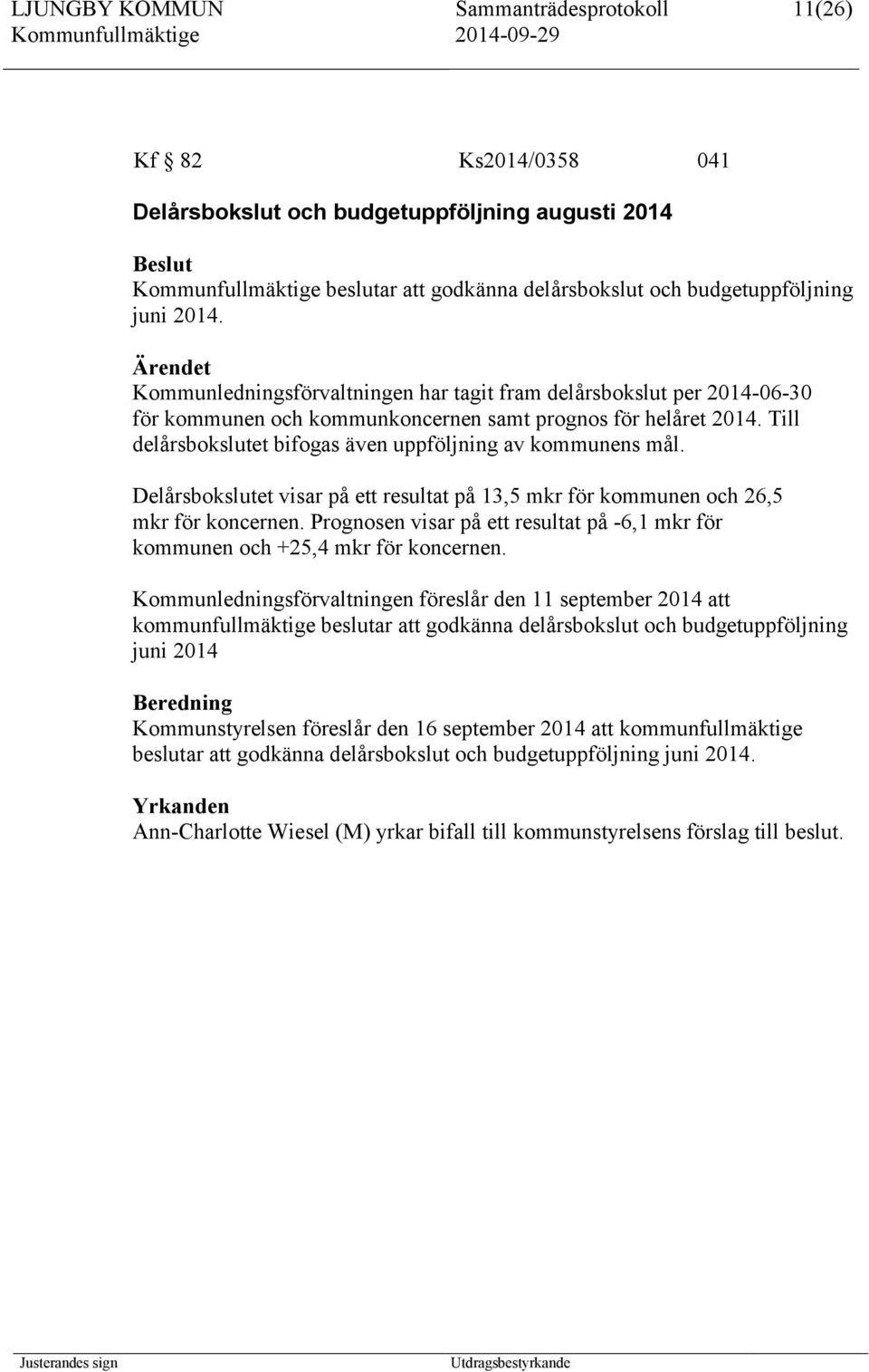 Till delårsbokslutet bifogas även uppföljning av kommunens mål. Delårsbokslutet visar på ett resultat på 13,5 mkr för kommunen och 26,5 mkr för koncernen.