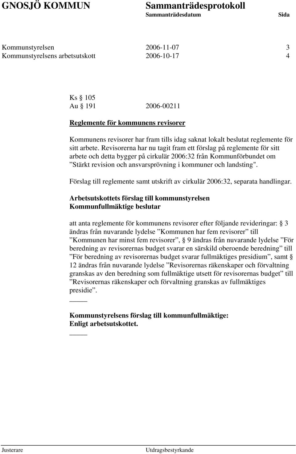 Revisorerna har nu tagit fram ett förslag på reglemente för sitt arbete och detta bygger på cirkulär 2006:32 från Kommunförbundet om Stärkt revision och ansvarsprövning i kommuner och landsting".