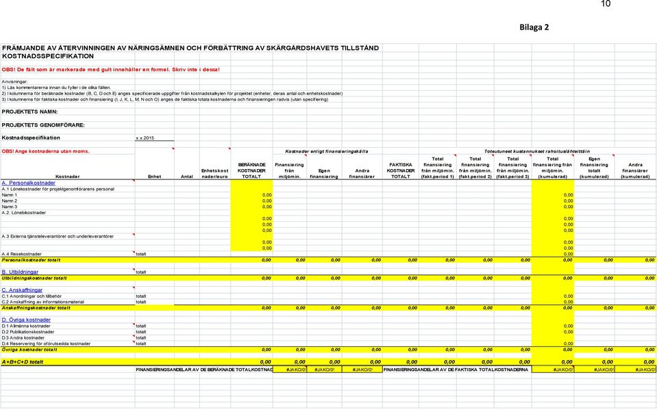 2) I kolumnerna för beräknade kostnader (B, C, D och E) anges specificerade uppgifter från kostnadskalkylen för projektet (enheter, deras antal och enhetskostnader) 3) I kolumnerna för faktiska