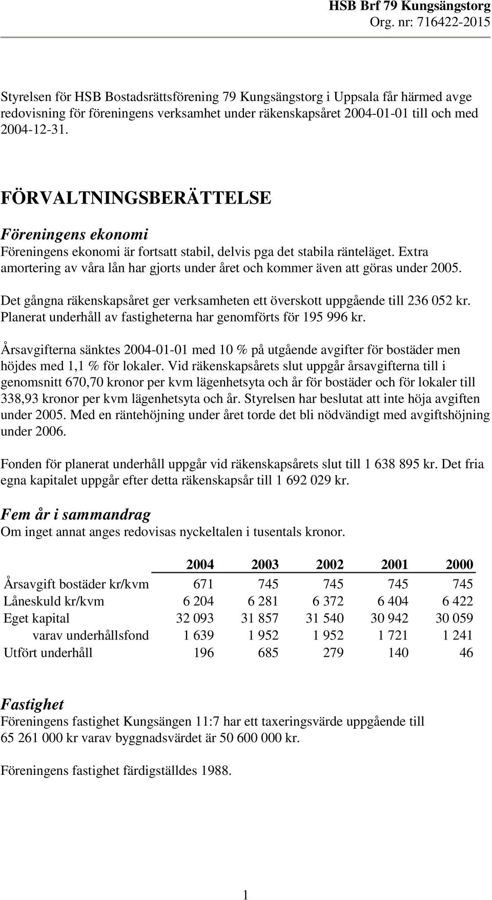 Extra amortering av våra lån har gjorts under året och kommer även att göras under 2005. Det gångna räkenskapsåret ger verksamheten ett överskott uppgående till 236 052 kr.