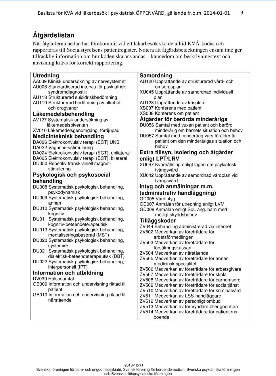 Utredning AA039 Klinisk undersökning av nervsystemet AU006 Standardiserad intervju för psykiatrisk syndromdiagnostik AU118 Strukturerad suicidriskbedömning AU119 Strukturerad bedömning av alkoholoch