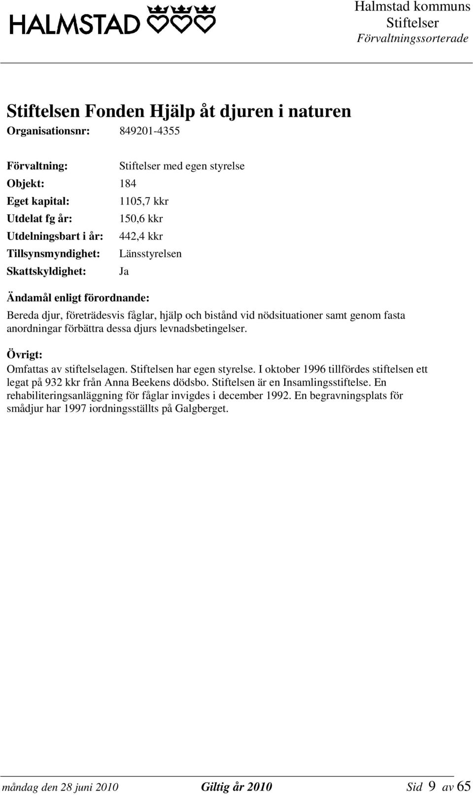 Stiftelsen har egen styrelse. I oktober 1996 tillfördes stiftelsen ett legat på 932 kkr från Anna Beekens dödsbo. Stiftelsen är en Insamlingsstiftelse.