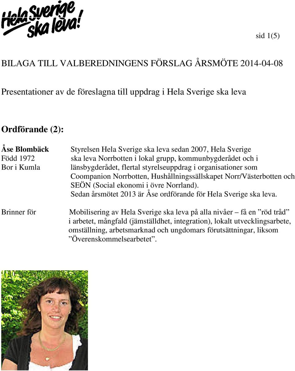 Norrbotten, Hushållningssällskapet Norr/Västerbotten och SEÖN (Social ekonomi i övre Norrland). Sedan årsmötet 2013 är Åse ordförande för Hela Sverige ska leva.