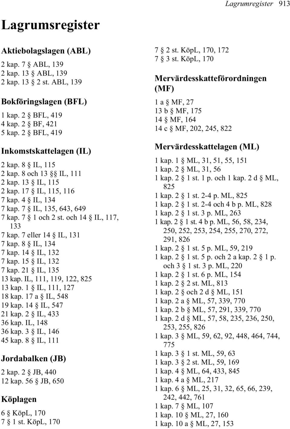 och 14 IL, 117, 133 7 kap. 7 eller 14 IL, 131 7 kap. 8 IL, 134 7 kap. 14 IL, 132 7 kap. 15 IL, 132 7 kap. 21 IL, 135 13 kap. IL, 111, 119, 122, 825 13 kap. 1 IL, 111, 127 18 kap. 17 a IL, 548 19 kap.