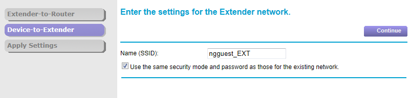 3. Välj ett WiFi-nätverk som du vill utöka räckvidden för och klicka på knappen Continue (fortsätt). Följande skärm visas: 4.