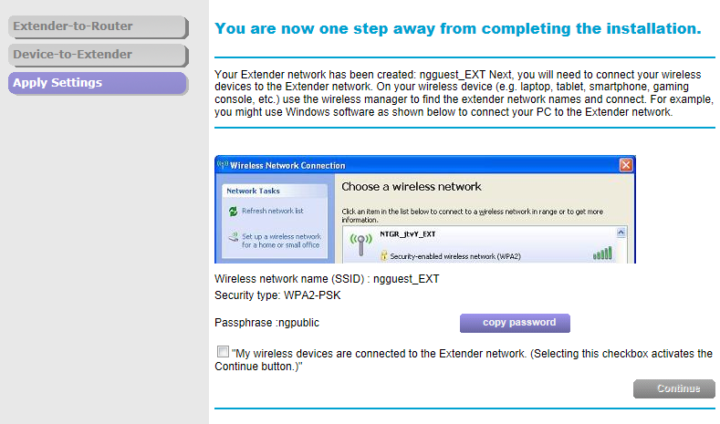 5. I fältet Name (namn) skriver du in namnet (SSID) på extenderns nya WiFi-nätverk och klickar på Continue (fortsätt).