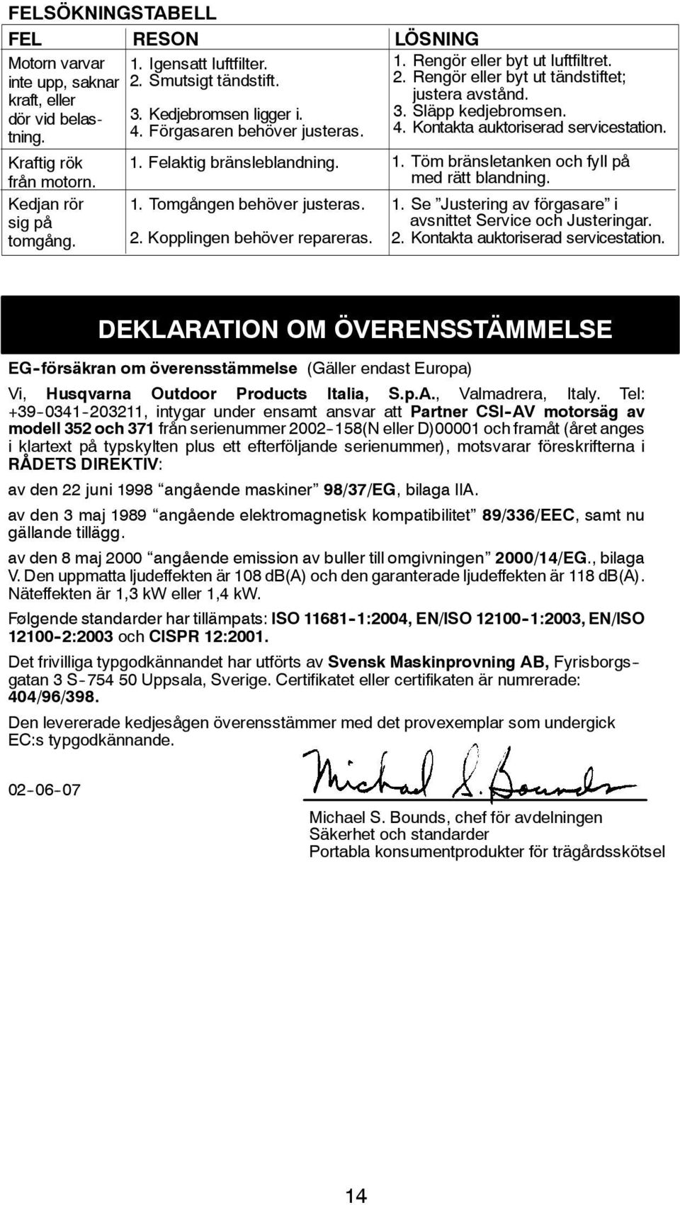 med rätt blandning. Kedjan rör sig på tomgång. 1. Tomgången behöver justeras. 2. Kopplingen behöver repareras. 1. Se Justering av förgasare i avsnittet Service och Justeringar. 2. Kontakta auktoriserad servicestation.