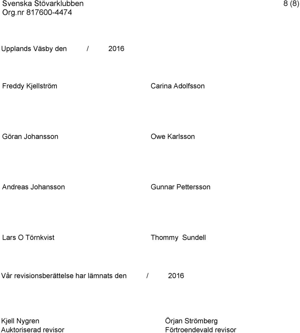 O Törnkvist Thommy Sundell Vår revisionsberättelse har lämnats den /