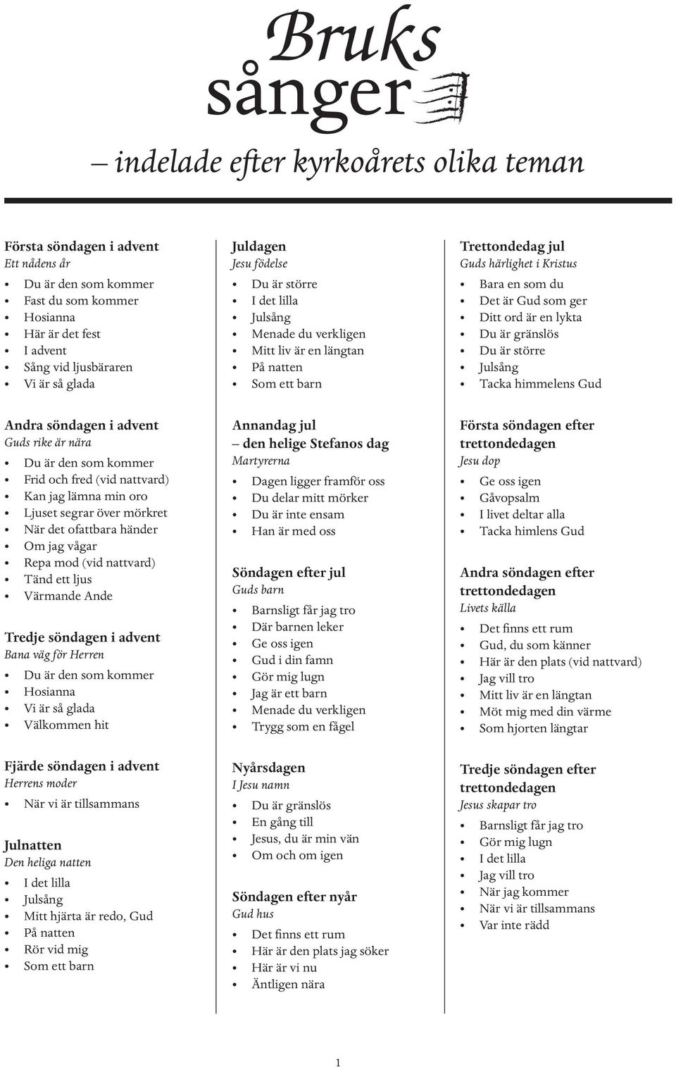 vågar (vid nattvard) Tänd ett ljus Tredje söndagen i advent Bana väg för Herren Hosianna Vi är så glada Välkommen hit Annandag jul den helige Stefanos dag Martyrerna Dagen ligger framför oss Söndagen