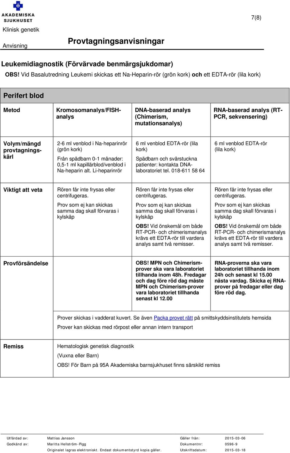 RNA-baserad analys (RT- PCR, sekvensering) Volym/mängd 2-6 ml venblod i Na-heparinrör (grön kork) Från spädbarn 0-1 månader: 0,5-1 ml kapillärblod/venblod i Na-heparin alt.