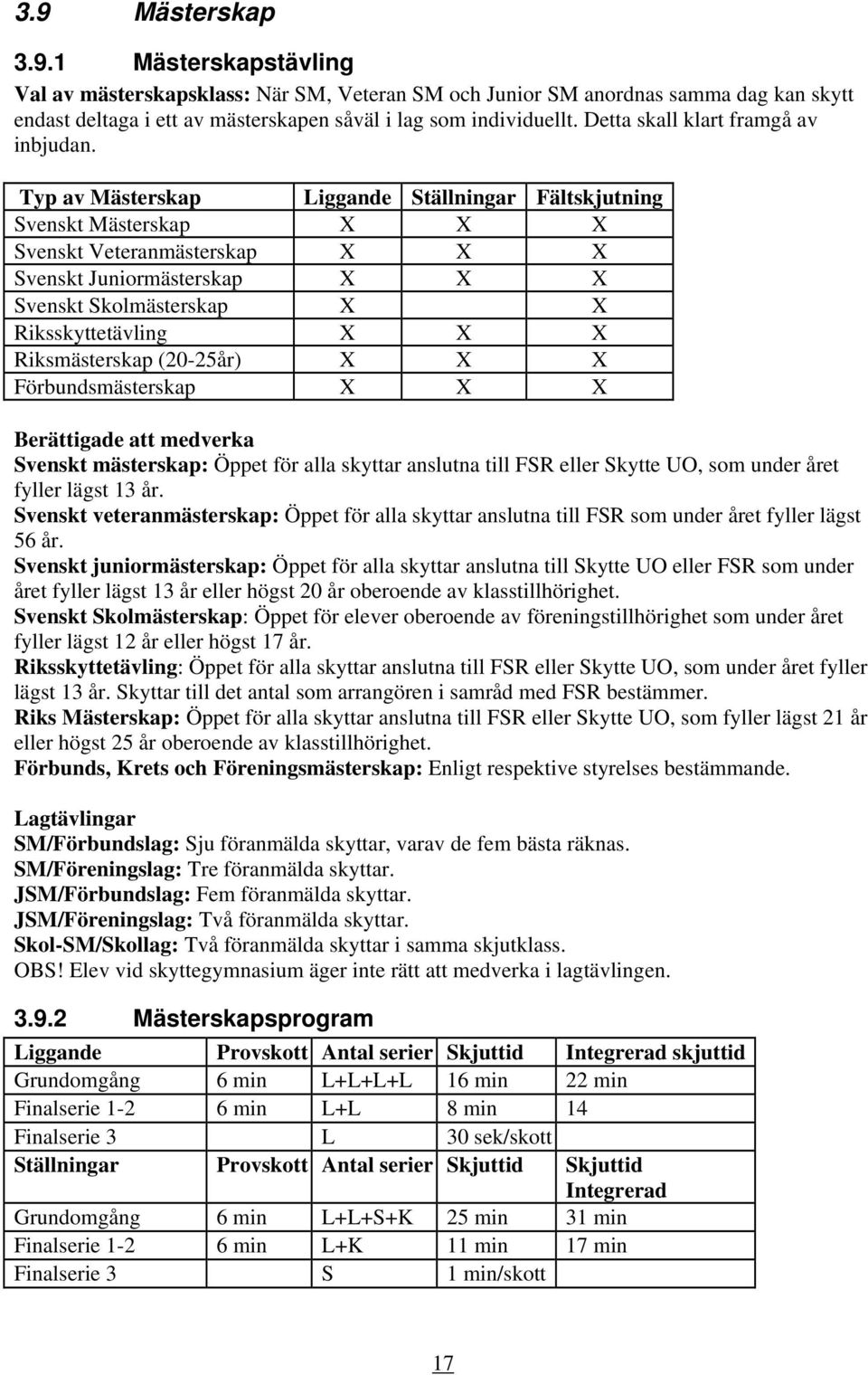 Typ av Mästerskap Liggande Ställningar Fältskjutning Svenskt Mästerskap X X X Svenskt Veteranmästerskap X X X Svenskt Juniormästerskap X X X Svenskt Skolmästerskap X X Riksskyttetävling X X X