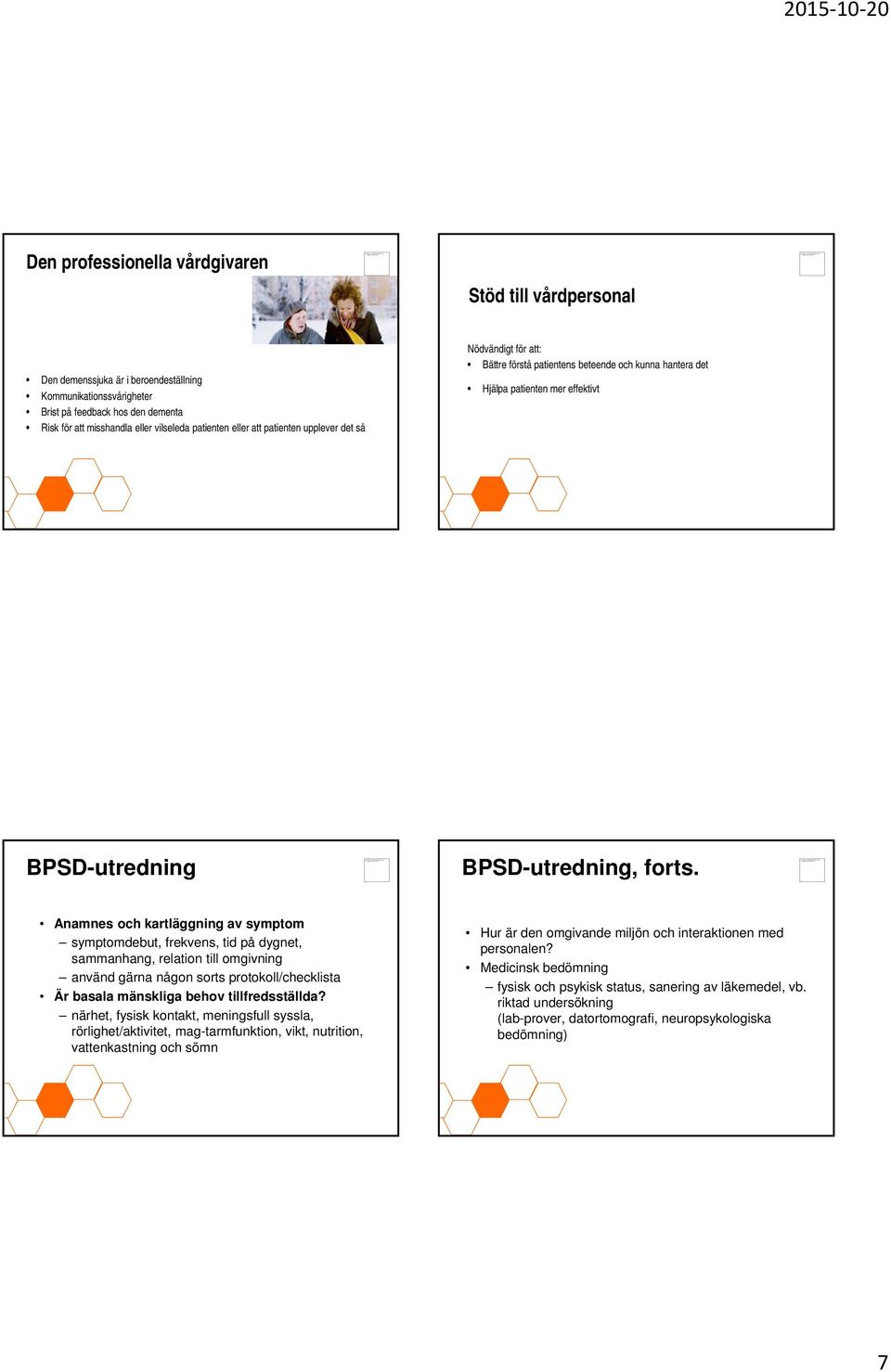 Anamnes och kartläggning av symptom symptomdebut, frekvens, tid på dygnet, sammanhang, relation till omgivning använd gärna någon sorts protokoll/checklista Är basala mänskliga behov tillfredsställda?