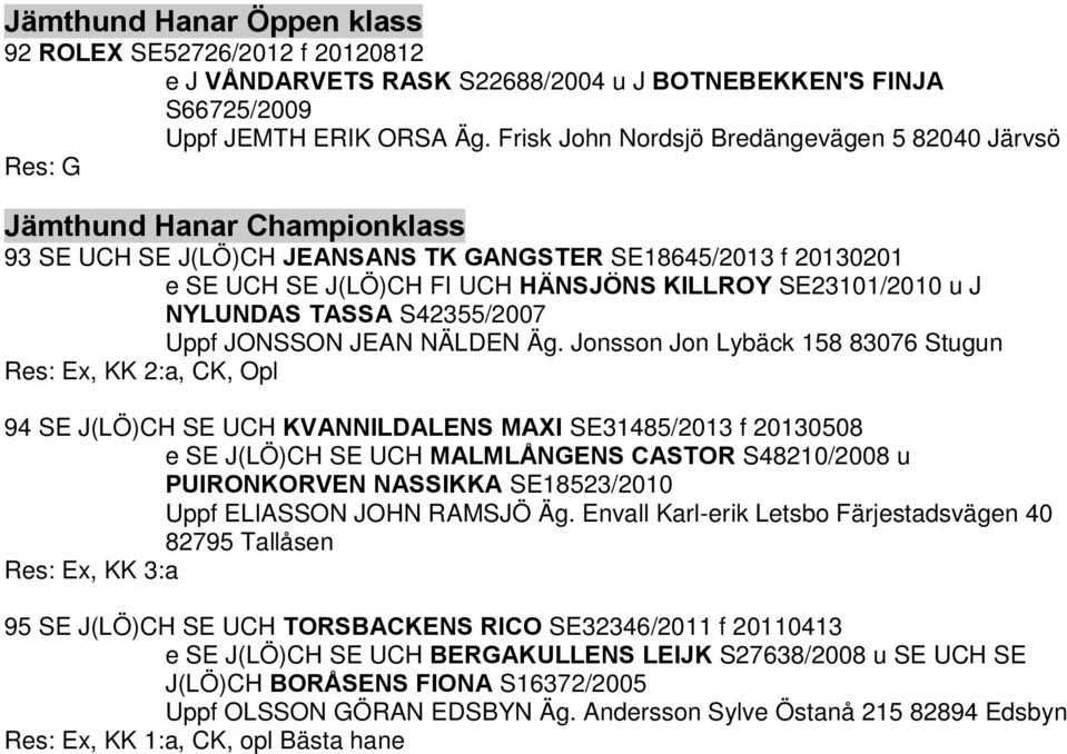 u J NYLUNDAS TASSA S42355/2007 Uppf JONSSON JEAN NÄLDEN Äg.