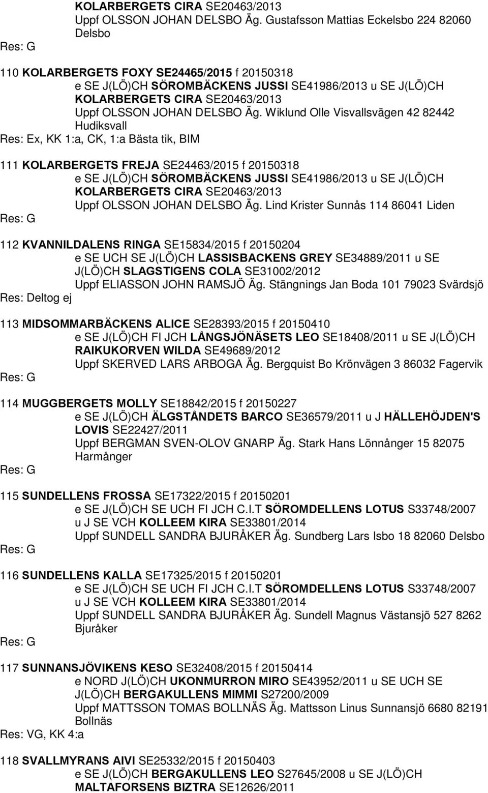 Res: Ex, KK 1:a, CK, 1:a Bästa tik, BIM 111 KOLARBERGETS FREJA SE24463/2015 f 20150318 e SE J(LÖ)CH SÖROMBÄCKENS JUSSI SE41986/2013 u SE J(LÖ)CH  Lind Krister Sunnås 114 86041 Liden 112 KVANNILDALENS