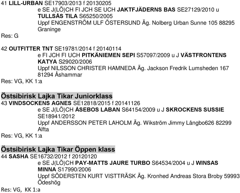 Jackson Fredrik Lumsheden 167 81294 Åshammar, KK 1:a Östsibirisk Lajka Tikar Juniorklass 43 VINDSOCKENS AGNES SE12818/2015 f 20141126 e SE J(LÖ)CH ÅSEBOS LABAN S64154/2009 u J SKROCKENS SUSSIE
