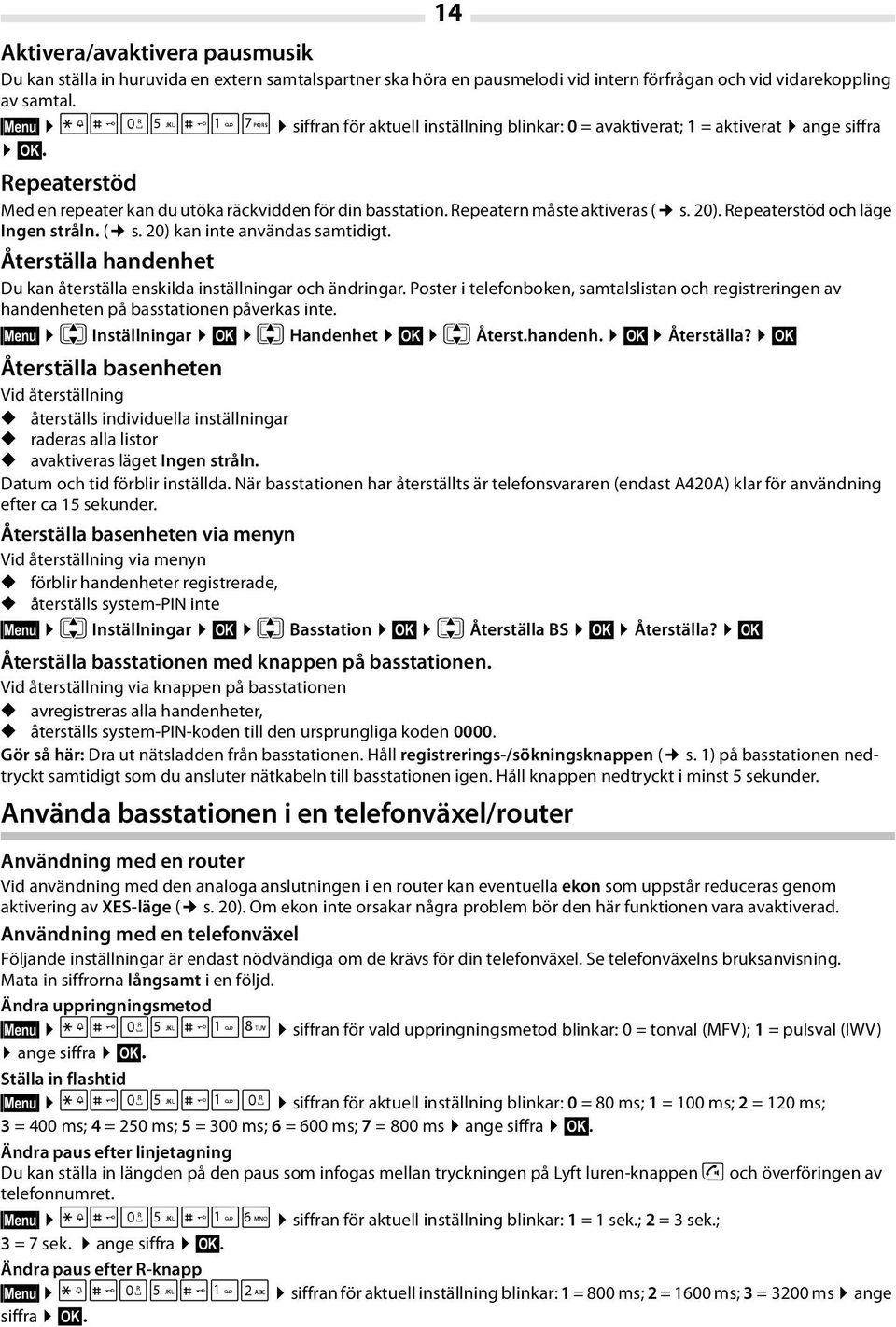 Repeatern måste aktiveras ( s. 20). Repeaterstöd och läge Ingen stråln. ( s. 20) kan inte användas samtidigt. Återställa handenhet Du kan återställa enskilda inställningar och ändringar.