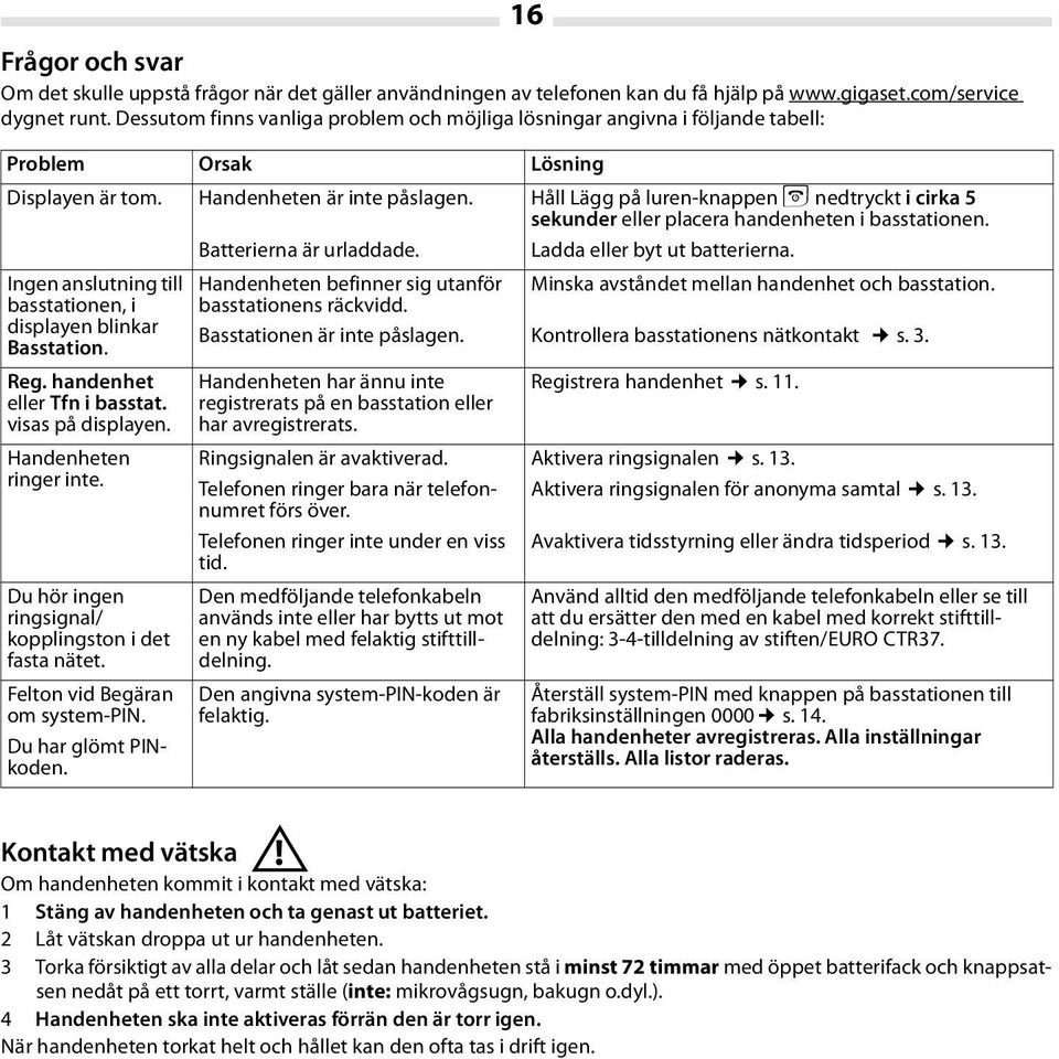Håll Lägg på luren-knappen a nedtryckt i cirka 5 sekunder eller placera handenheten i basstationen. Ladda eller byt ut batterierna. Ingen anslutning till basstationen, i displayen blinkar Basstation.