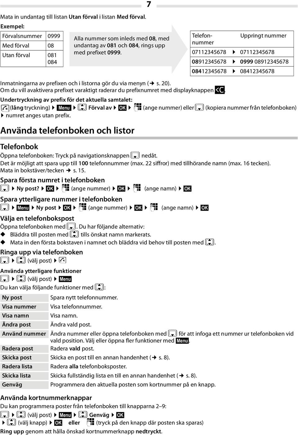 084 Inmatningarna av prefixen och i listorna gör du via menyn ( s. 20). Om du vill avaktivera prefixet varaktigt raderar du prefixnumret med displayknappen Ü.