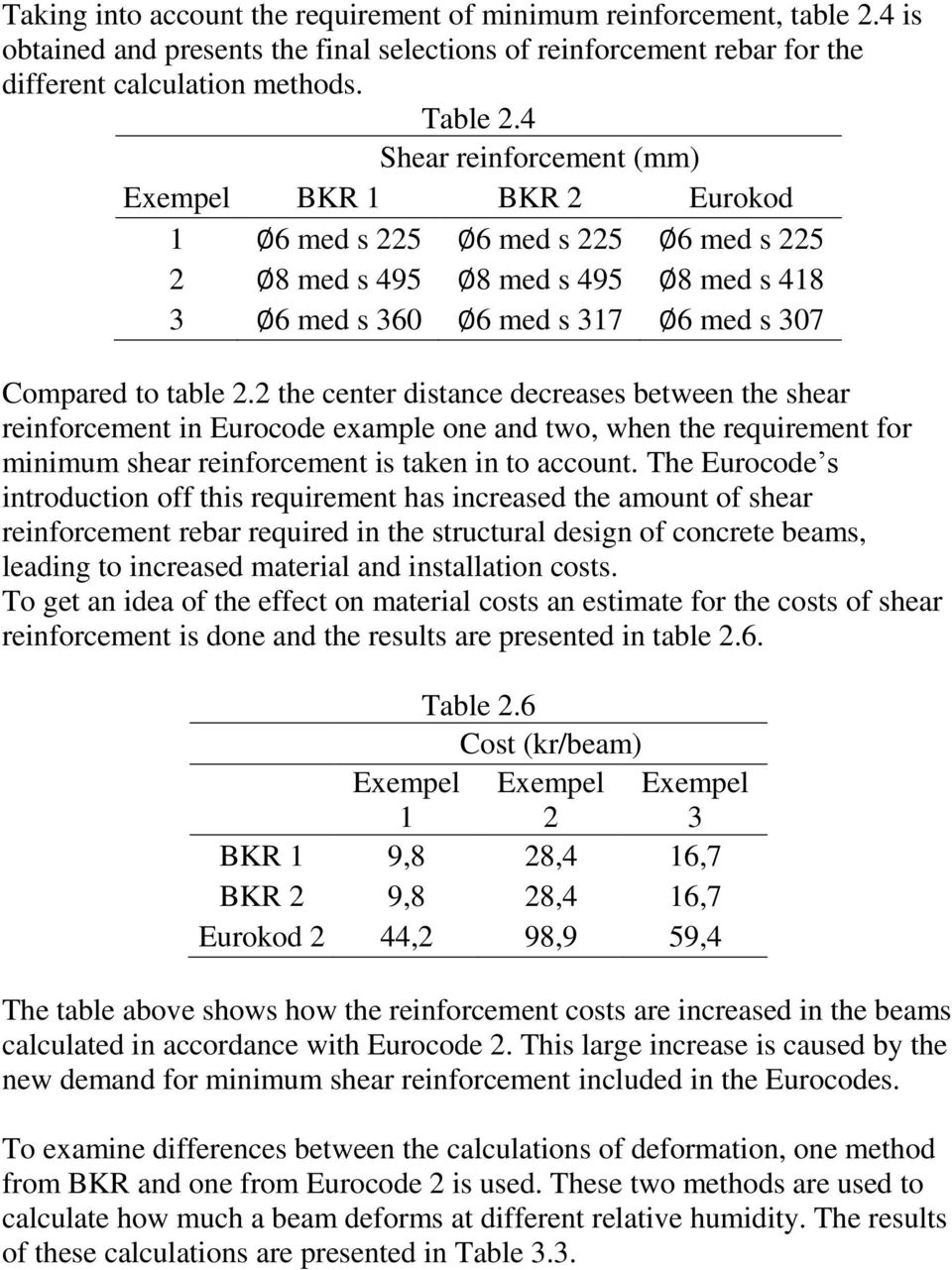 2 the center distance decreases between the shear reinforcement in Eurocode example one and two, when the requirement for minimum shear reinforcement is taken in to account.