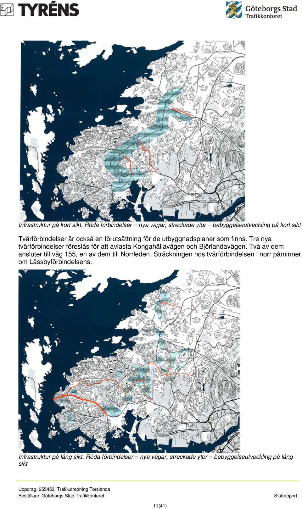 de utbyggnadsplaner som finns. Tre nya tvärförbindelser föreslås för att avlasta Kongahällavägen och Björlandavägen.