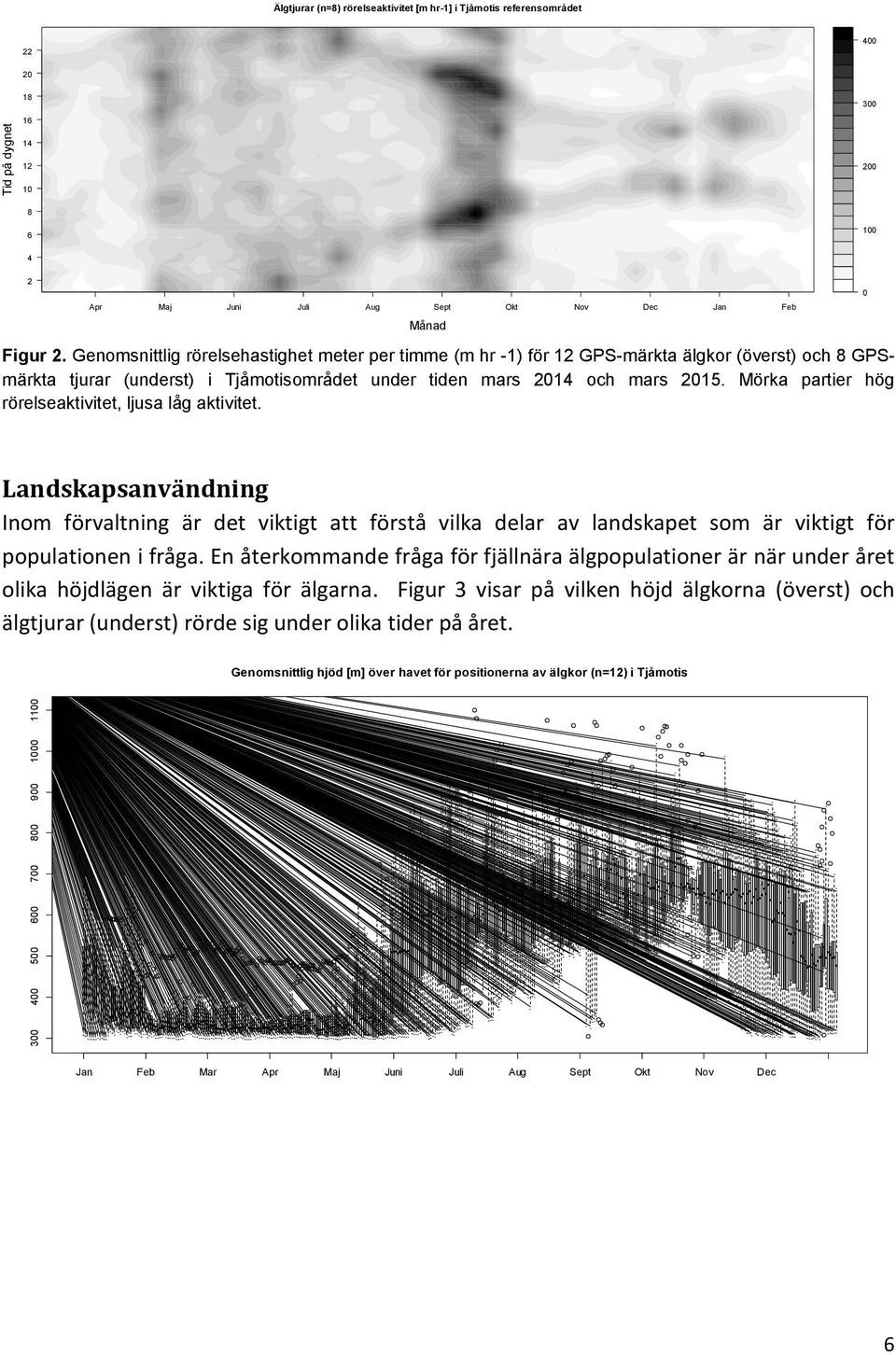 Genomsnittlig rörelsehastighet meter per timme (m hr -1) för 12 GPS-märkta älgkor (överst) och 8 GPSmärkta tjurar (underst) i Tjåmotisområdet under tiden mars 2014 och mars 2015.