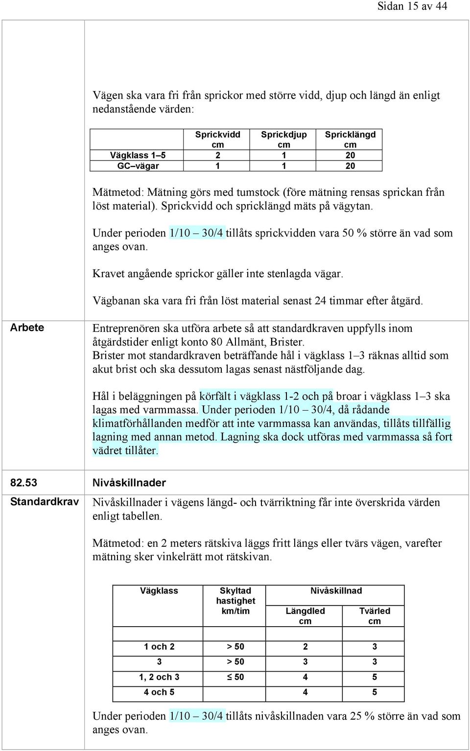 Under perioden 1/10 30/4 tillåts sprickvidden vara 50 % större än vad som anges ovan. Kravet angående sprickor gäller inte stenlagda vägar.