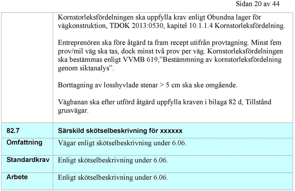 Borttagning av losshyvlade stenar > 5 cm ska ske omgående. Vägbanan ska efter utförd åtgärd uppfylla kraven i bilaga 82 