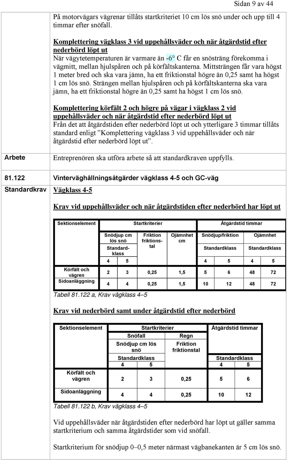 körfältskanterna. Mittsträngen får vara högst 1 meter bred och ska vara jämn, ha ett friktionstal högre än 0,25 samt ha högst 1 cm lös snö.