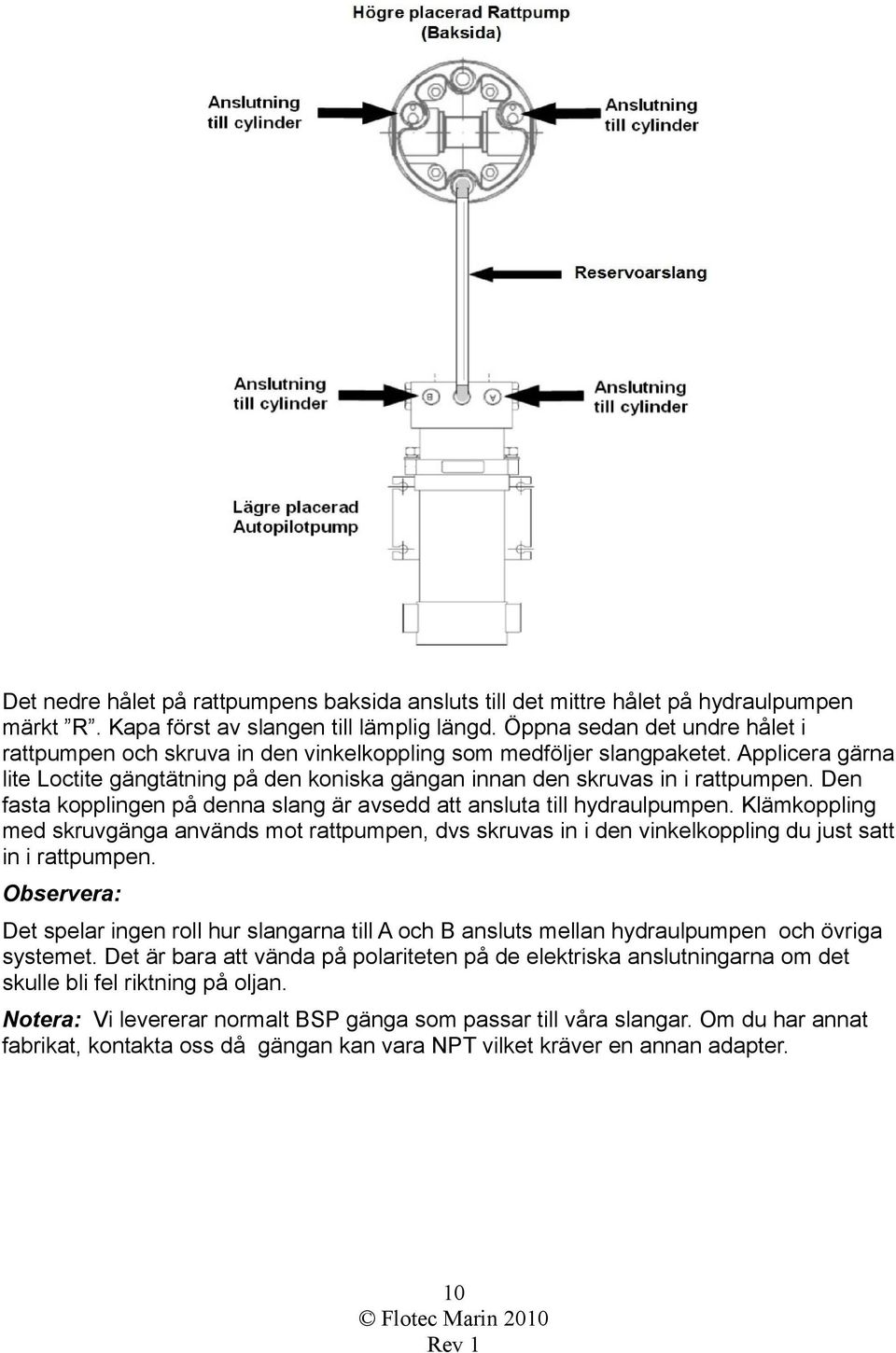 Den fasta kopplingen på denna slang är avsedd att ansluta till hydraulpumpen. Klämkoppling med skruvgänga används mot rattpumpen, dvs skruvas in i den vinkelkoppling du just satt in i rattpumpen.