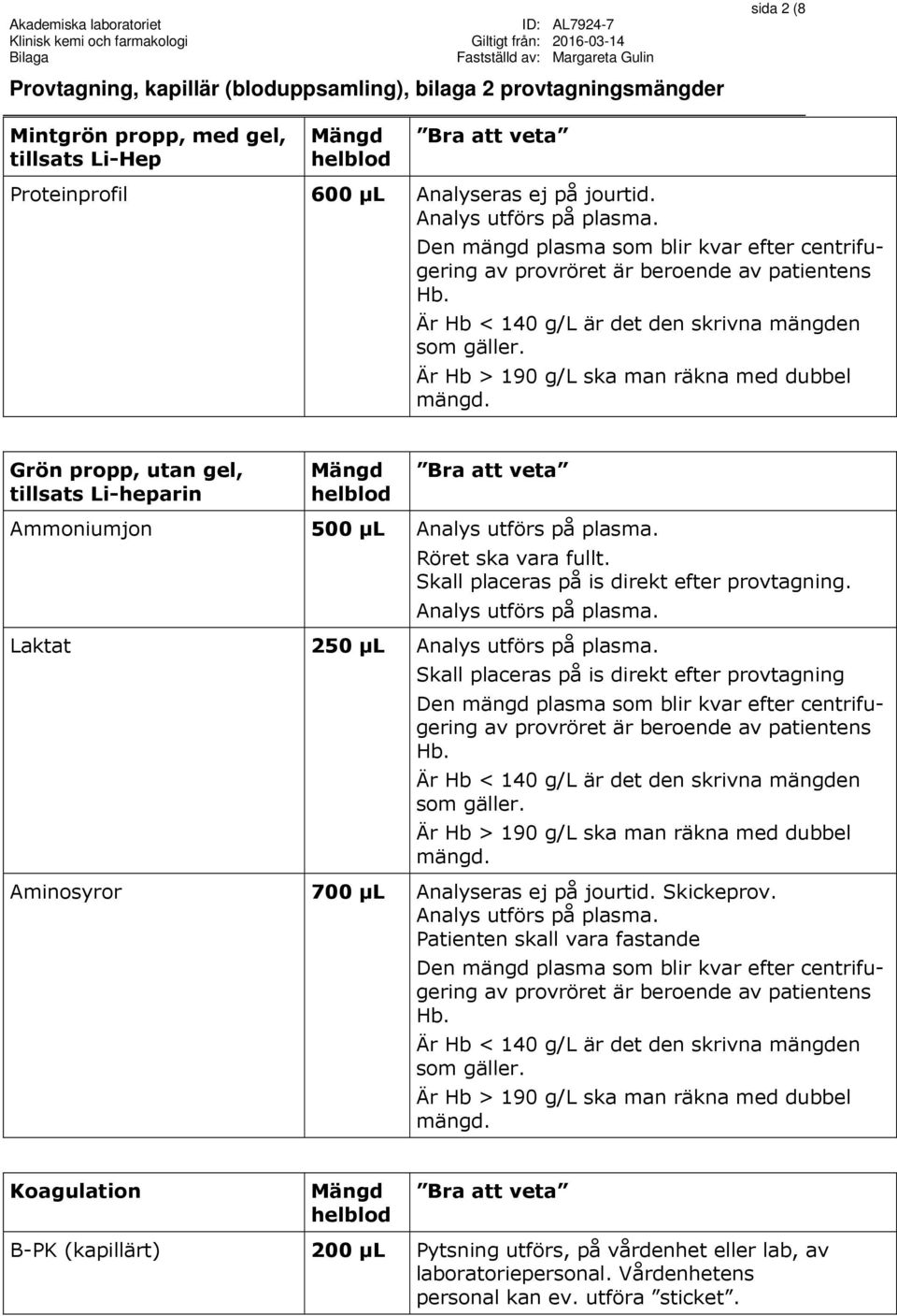 Laktat 250 µl Skall placeras på is direkt efter provtagning Aminosyror 700 µl Analyseras ej på jourtid. Skickeprov.