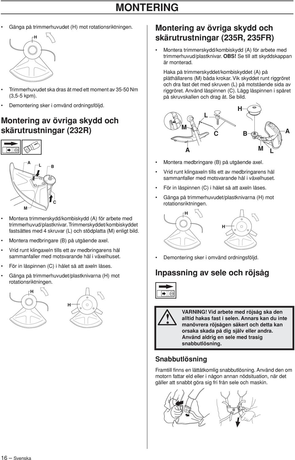 Trimmerhuvudet ska dras åt med ett moment av 35-50 Nm (3,5-5 kpm). Demontering sker i omvänd ordningsföljd.