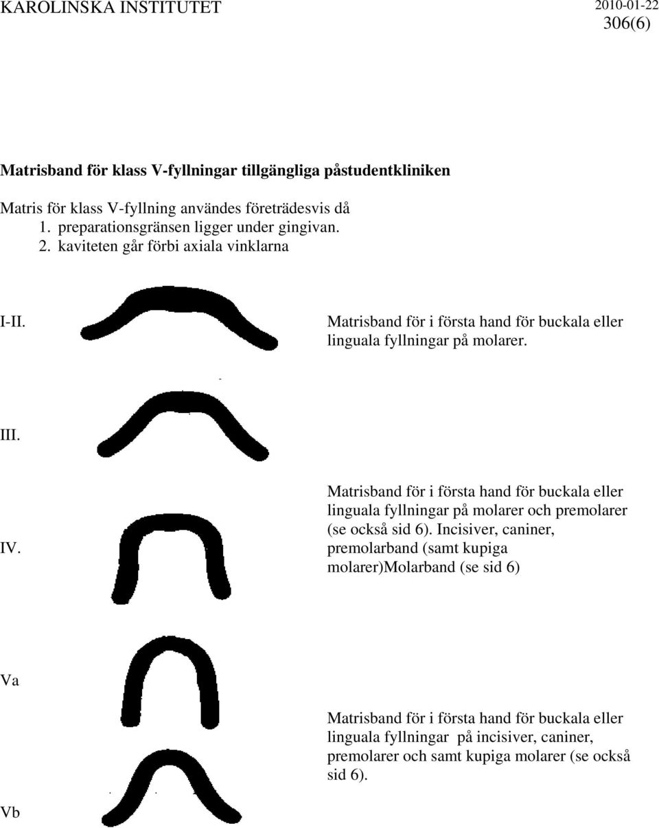 Matrisband för i första hand för buckala eller linguala fyllningar på molarer. III. IV.