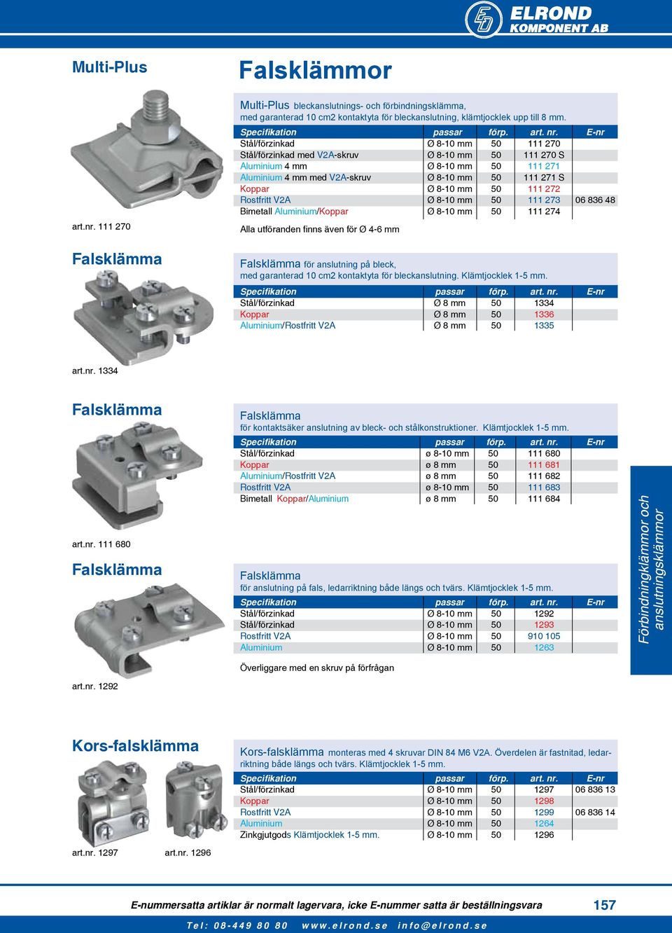 272 Rostfritt V2A Ø 8-10 mm 50 111 273 06 836 48 Bimetall Aluminium/Koppar Ø 8-10 mm 50 111 274 Alla utföranden finns även för Ø 4-6 mm Falsklämma för anslutning på bleck, med garanterad 10 cm2