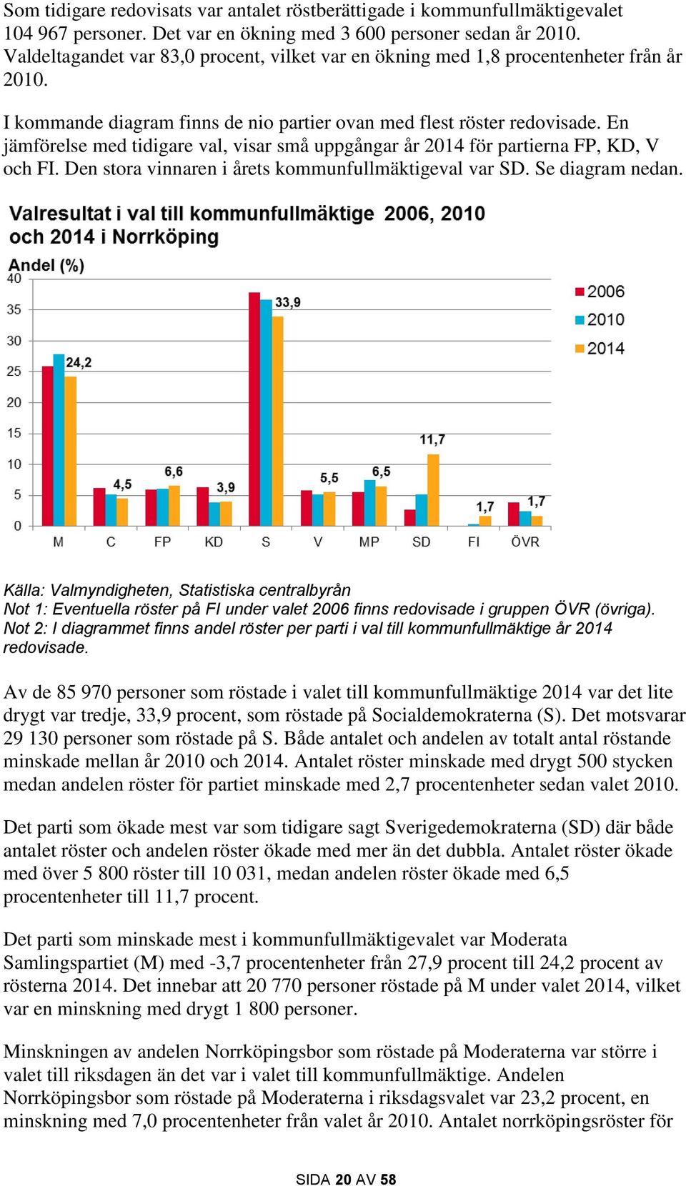 En jämförelse med tidigare val, visar små uppgångar år 2014 för partierna FP, KD, V och FI. Den stora vinnaren i årets kommunfullmäktigeval var SD. Se diagram nedan.