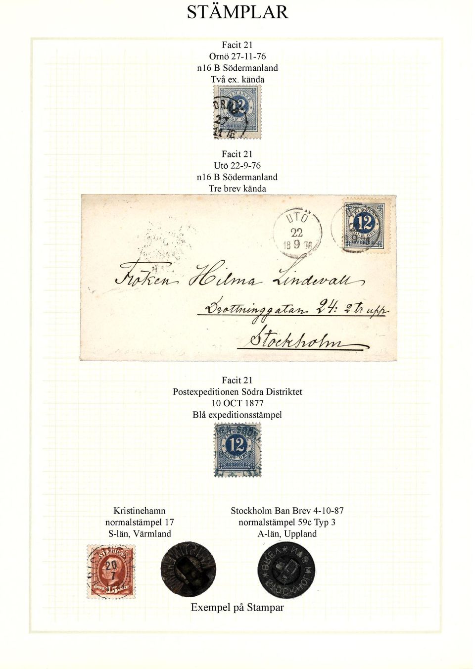 Postexpeditionen Södra Distriktet 10 OCT 1877 Blå expeditionsstämpel Kristinehamn