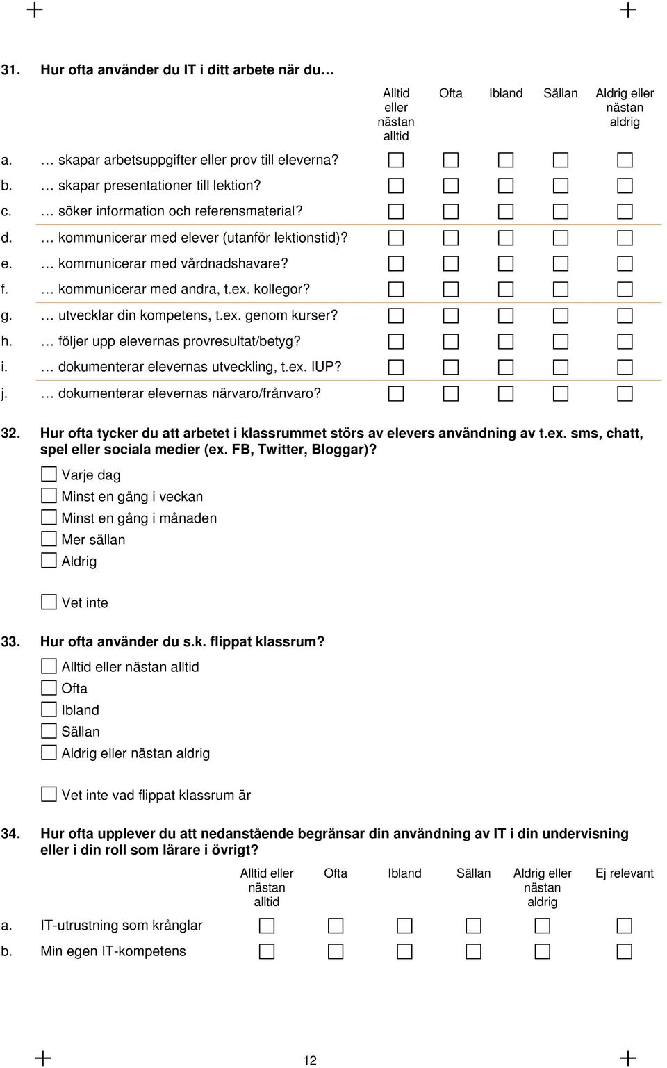 dokumenterar elevernas utveckling, t.ex. IUP? j. dokumenterar elevernas närvaro/frånvaro? Alltid eller alltid Ofta Ibland Sällan Aldrig eller aldrig 32.