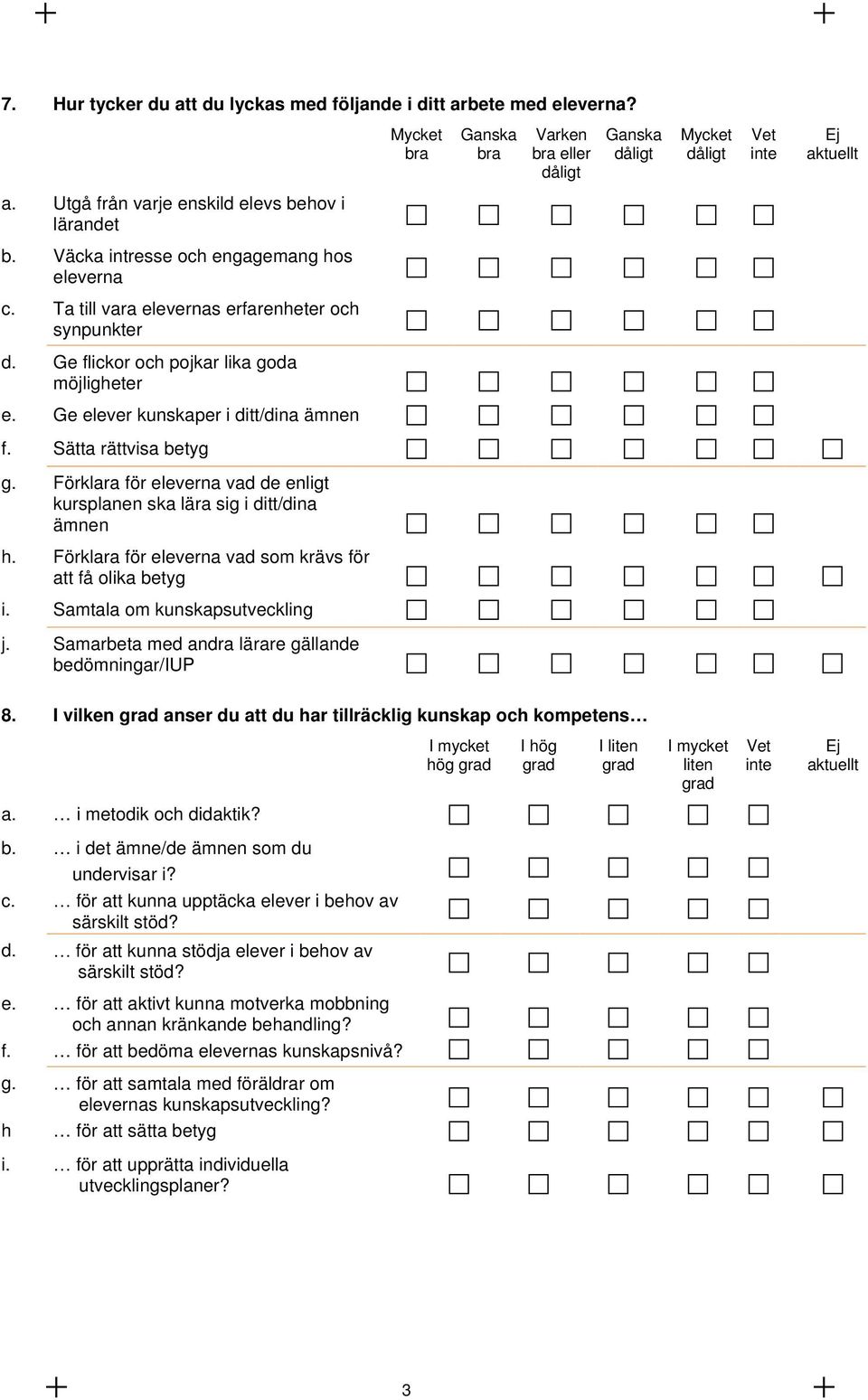 Förklara för eleverna vad de enligt kursplanen ska lära sig i ditt/dina ämnen h. Förklara för eleverna vad som krävs för att få olika betyg i. Samtala om kunskapsutveckling j.