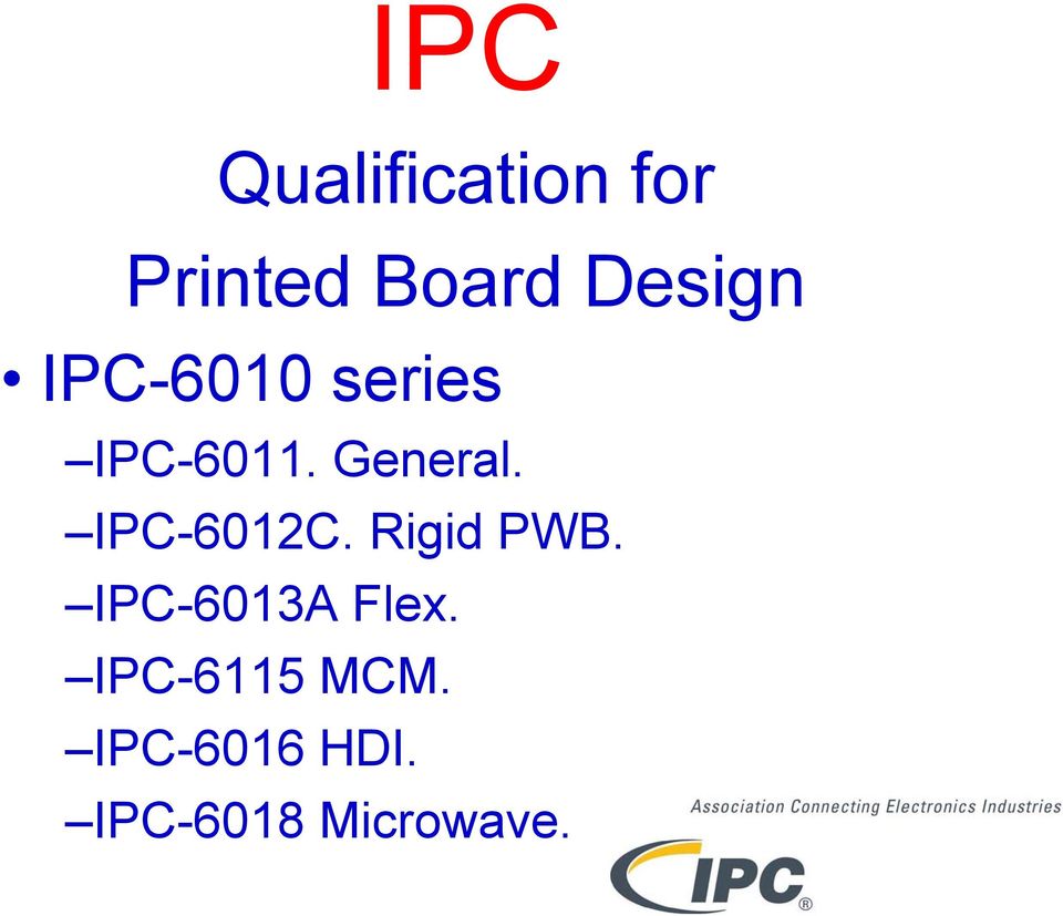 IPC-6012C. Rigid PWB. IPC-6013A Flex.