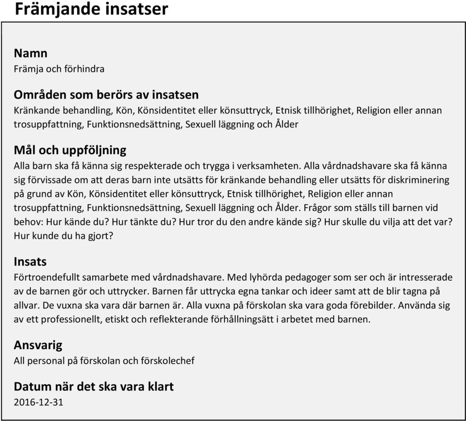 Alla vårdnadshavare ska få känna sig förvissade om att deras barn inte utsätts för kränkande behandling eller utsätts för diskriminering på grund av Kön, Könsidentitet eller könsuttryck, Etnisk