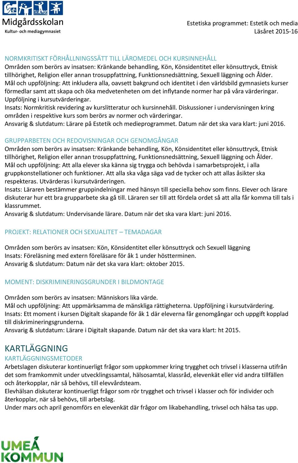 Mål och uppföljning: Att inkludera alla, oavsett bakgrund och identitet i den världsbild gymnasiets kurser förmedlar samt att skapa och öka medvetenheten om det inflytande normer har på våra