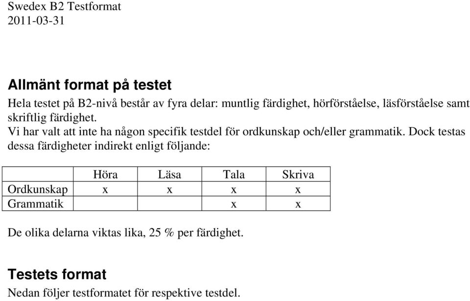 Vi har valt att inte ha någon specifik testdel för ordkunskap och/eller grammatik.