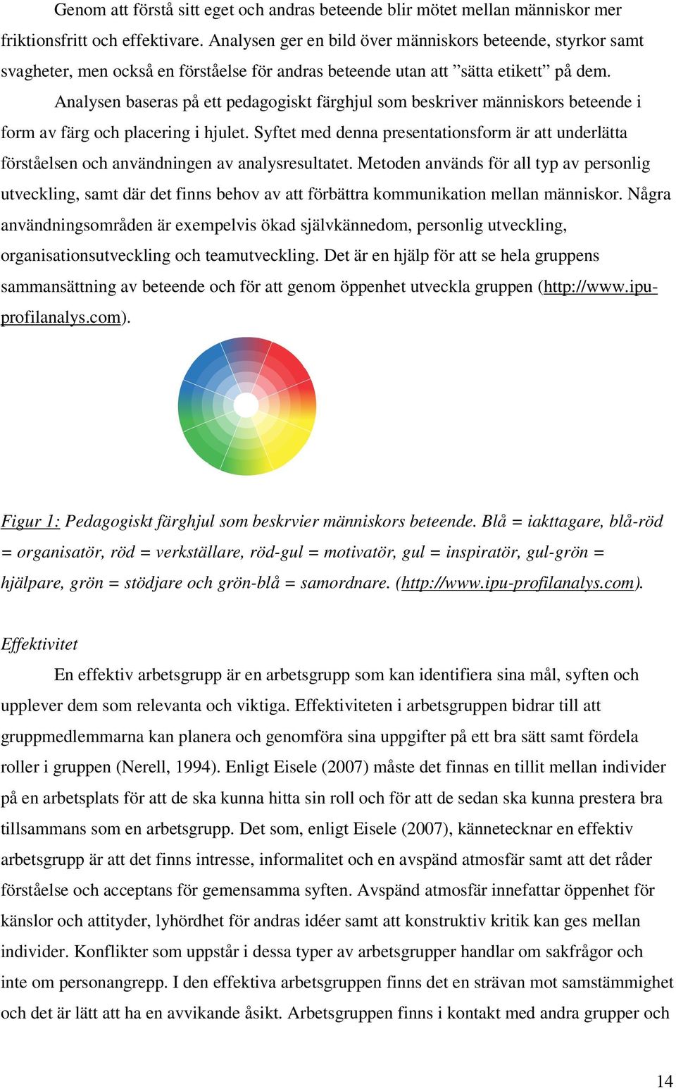 Analysen baseras på ett pedagogiskt färghjul som beskriver människors beteende i form av färg och placering i hjulet.