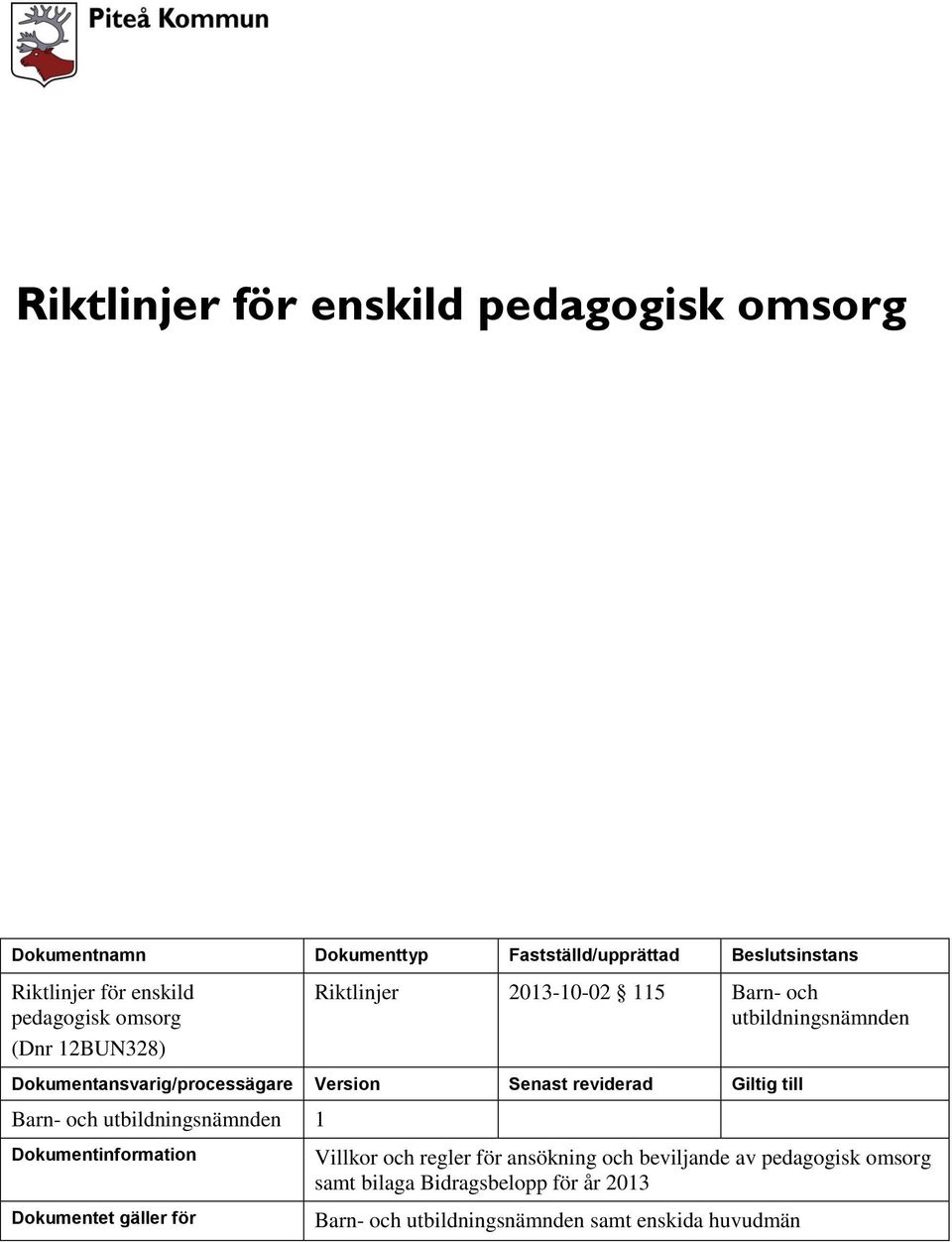 Senast reviderad Giltig till Barn- och utbildningsnämnden 1 Dokumentinformation Dokumentet gäller för Villkor och regler för