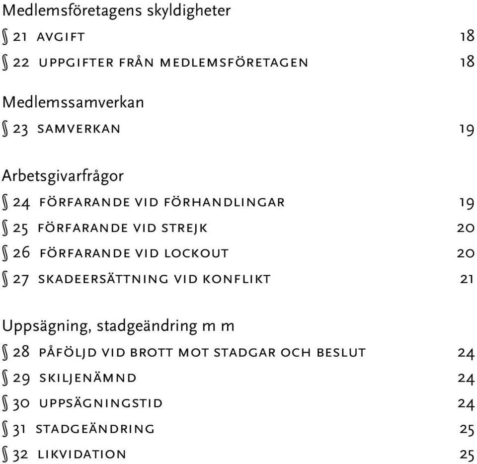 förfarande vid lockout 20 27 skadeersättning vid konflikt 21 Uppsägning, stadgeändring m m 28 påföljd
