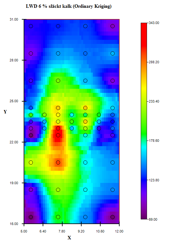 Figur 4.26 Kriginginterpolation över ytan stabiliserad med 6 % släckt kalk från 2:a mätomgången I figur 4.