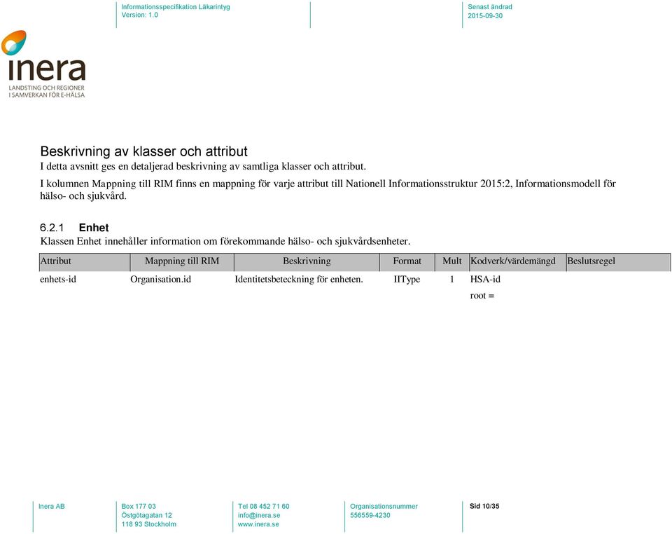 enhets-id Organisation.id Identitetsbeteckning för enheten. IIType 1 HSA-id arbetsplatskod ingen Arbetsplatskod för enheten root = 1.2.752.129.2.1.4.1 extension = HSA-id enhetsnamn Organisation.