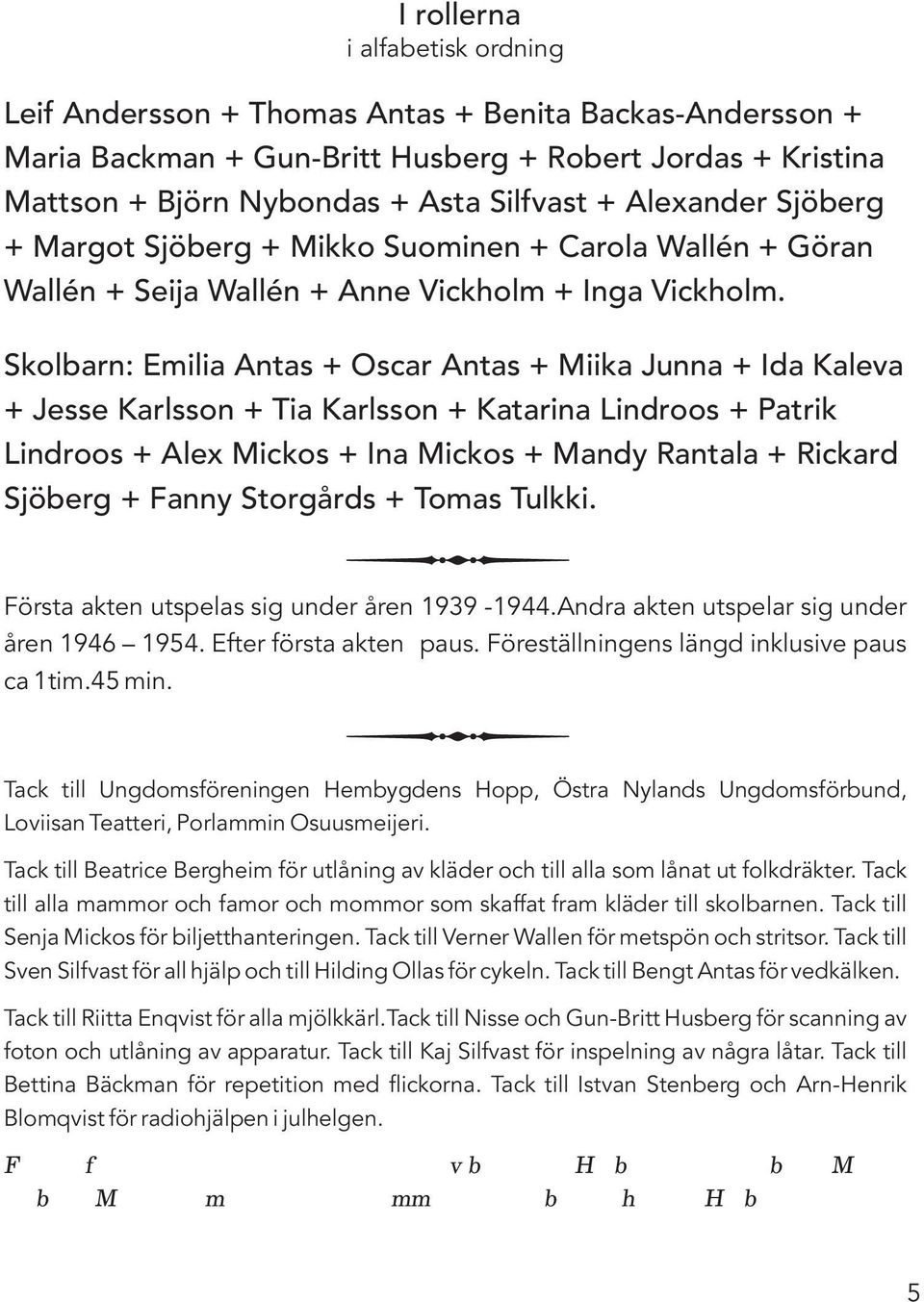 Skolbarn: Emilia Antas + Oscar Antas + Miika Junna + Ida Kaleva + Jesse Karlsson + Tia Karlsson + Katarina Lindroos + Patrik Lindroos + Alex Mickos + Ina Mickos + Mandy Rantala + Rickard Sjöberg +